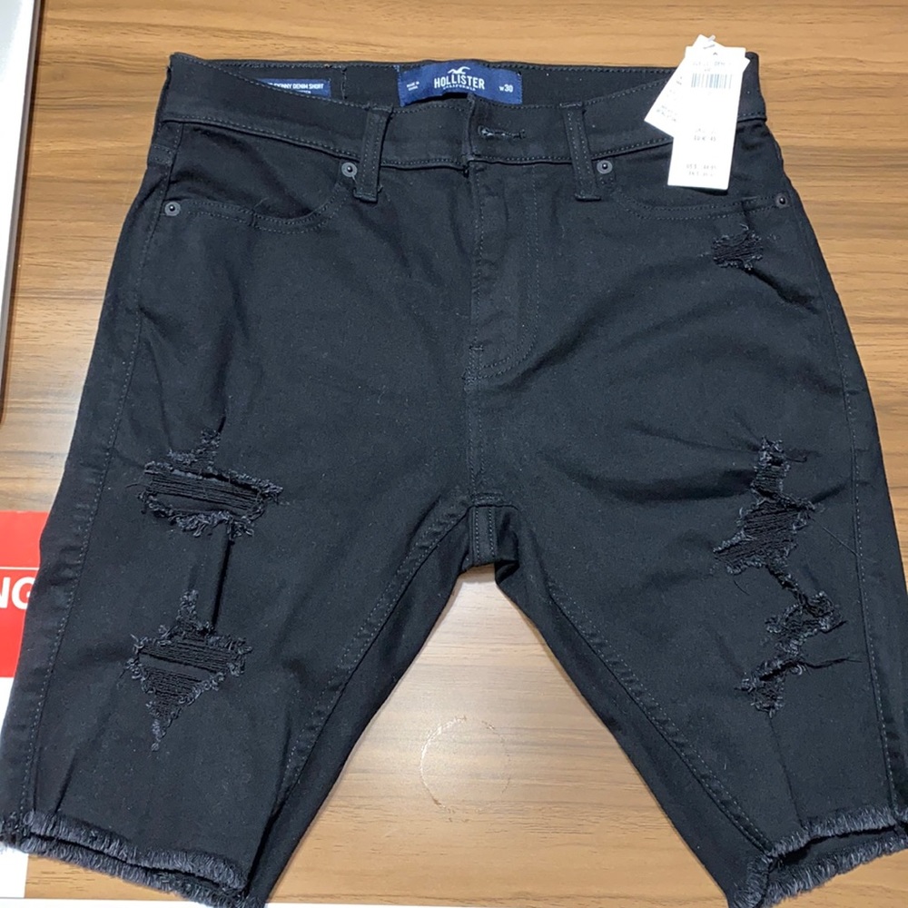 Hollister Super Skinny black ripped jean shorts
